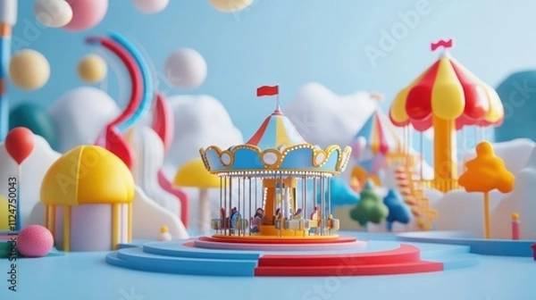 Obraz A whimsical 3D environment featuring a colorful theme park designed for kids, with playful rides like a carousel and a miniature roller coaster. The scene includes vibrant, minimalist playground