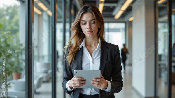 Fototapeta Zdeterminowana menedżerka z tabletem w ręku przechodzi dynamicznie przez nowoczesne biuro. Jej pewny krok i skupienie podkreślają sukces, przywództwo i profesjonalizm w świecie biznesu.