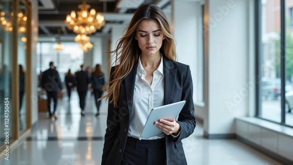 Fototapeta Zdeterminowana menedżerka z tabletem w ręku przechodzi dynamicznie przez nowoczesne biuro. Jej pewny krok i skupienie podkreślają sukces, przywództwo i profesjonalizm w świecie biznesu.