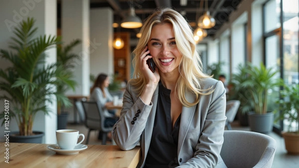 Fototapeta Młoda przedsiębiorczyni pracuje przy nowoczesnym biurku z laptopem i notatkami. Kreatywna atmosfera, jasne światło i nowoczesne gadżety podkreślają dynamiczny świat biznesu i technologii.