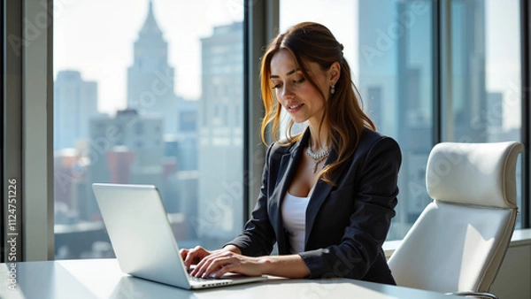 Fototapeta Pewna siebie kobieta w eleganckim stroju biznesowym pracuje na laptopie w nowoczesnym biurze z dużymi oknami i widokiem na miasto. Naturalne światło podkreśla jej profesjonalizm i skupienie.