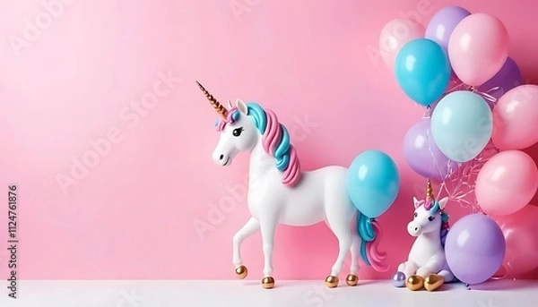 Fototapeta birthday cake with balloons isolated and unicorn isolated on pink background