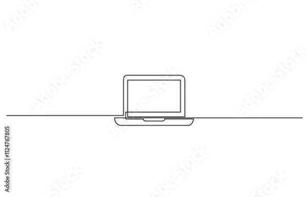 Fototapeta Single line drawing of laptop gadget isolated on white background, Abstract  One line drawing of laptop gadget, Continuous line drawing of a computer monitor. Linear background of laptop sign.