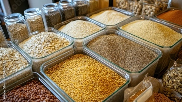 Obraz A zero-waste store display featuring bulk bins and glass containers for grains