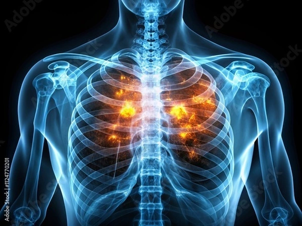 Fototapeta Minimalist Representation of Bronchiectasis: X-ray  of Human Chest with Lung Bleb and Cyst due to Chronic Infection on Isolated Background with Blank Space