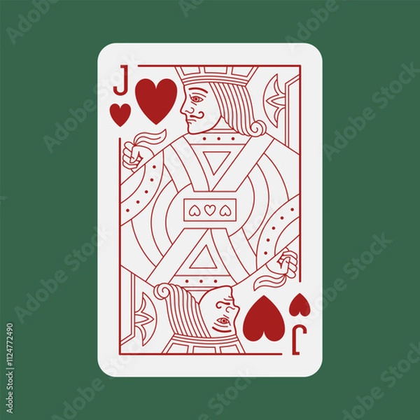 Fototapeta Jack of Hearts Poker playing card. Cartoon men figure and face. Casino gambling design element. Vector illustration with editable stroke line. Single card isolated on poker green background.