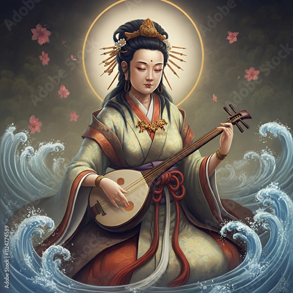 Fototapeta A depiction of Benzaiten, goddess of music and fortune, playing a biwa surrounded by flowing water, symbolizing creativity and prosperity.