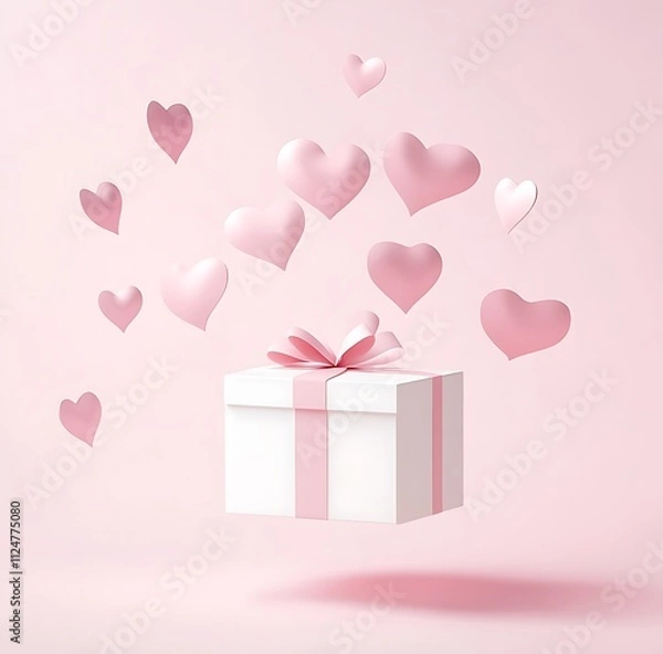 Fototapeta A pink background with heart-shaped paper cutouts floating in the air