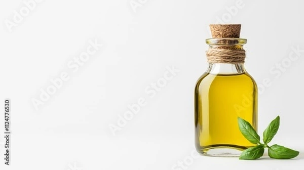 Obraz Glass bottle of olive oil with cork stopper and twine detail, accompanied by fresh green basil leaves on a white background, perfect for culinary photography and healthy lifestyle themes.
