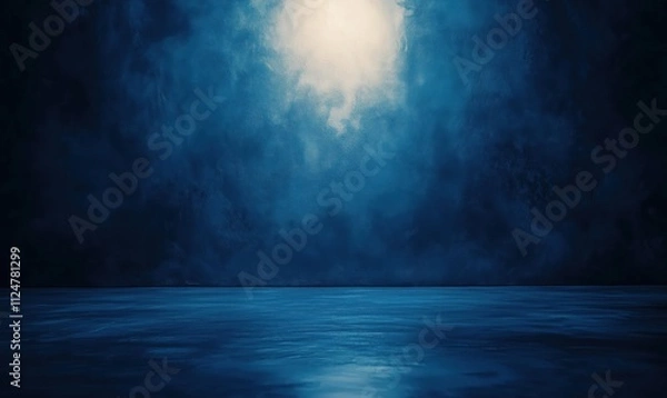 Fototapeta Mysterious blue landscape with ethereal light, dark blue tones, smooth water surface, atmospheric depth, serene ambiance