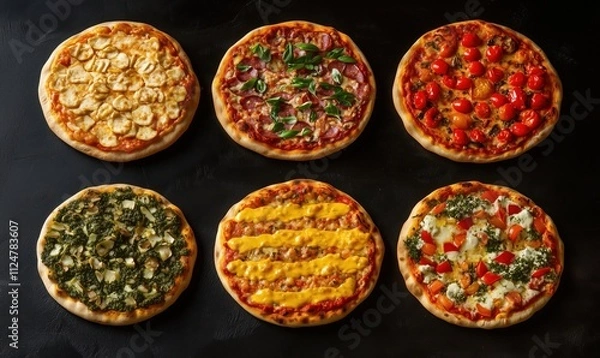 Fototapeta Variety of pizzas with different toppings, six pizzas displayed, including vegetables, meats, and cheeses, vibrant colors, appetizing presentation