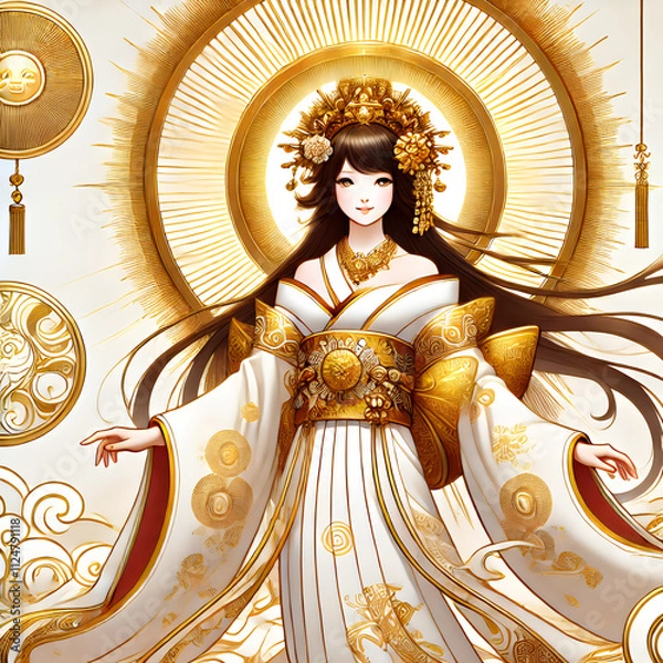 Fototapeta A radiant depiction of Amaterasu, the sun goddess, in a golden-patterned kimono with a divine light aura and sacred mirrors, symbolizing wisdom and the sun.