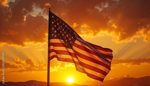 Fototapeta American flag waving against a dramatic sunset sky with rays of light