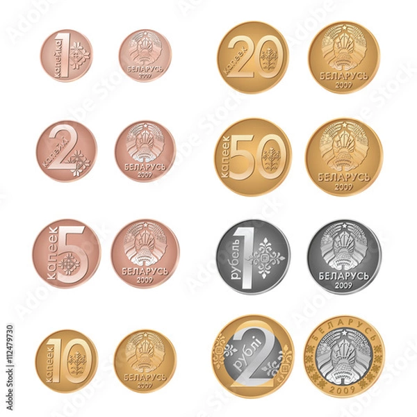 Obraz Modern Belarusissian coins. Vector reverse and obverse. Belarussian money. Kopeyka and rouble.