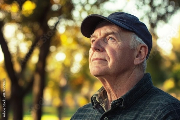Fototapeta Thoughtful Senior Man Gazing Upward in Natural Environment Surrounded by Trees Reflecting on Life and Nature's Beauty in Warm, Soft Lighting