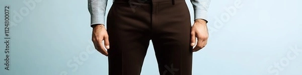 Fototapeta Tailored dark brown trousers mockup on a soft light blue background for a casual yet chic look