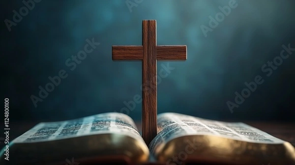 Fototapeta Christian Wooden Crucifix on an Open Bible with Point Focus