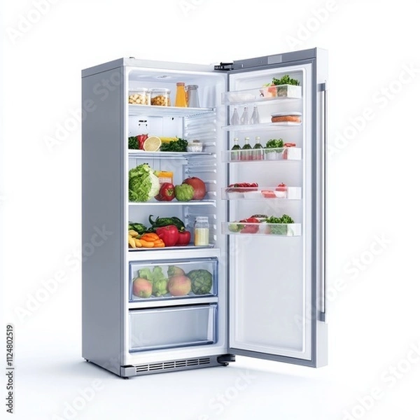 Fototapeta Modern refrigerator with open door displaying fresh vegetables, fruits, and beverages.
