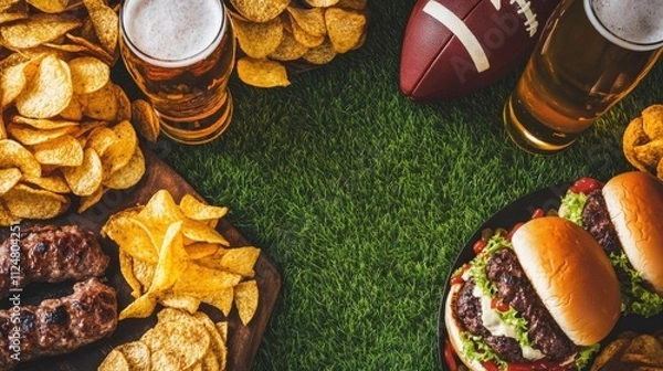 Obraz Game day snacks setup. Vertical flat lay of burgers, chips, beers, and a football on a grass background, ready for a football game day