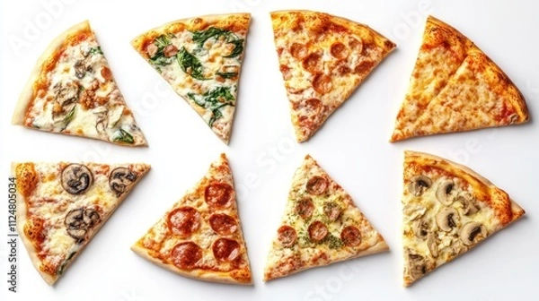Fototapeta Delicious Pizza Slices with Various Toppings on White Background
