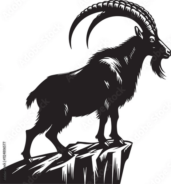 Fototapeta Mountain goat standing on a cliff edge silhouette vector black