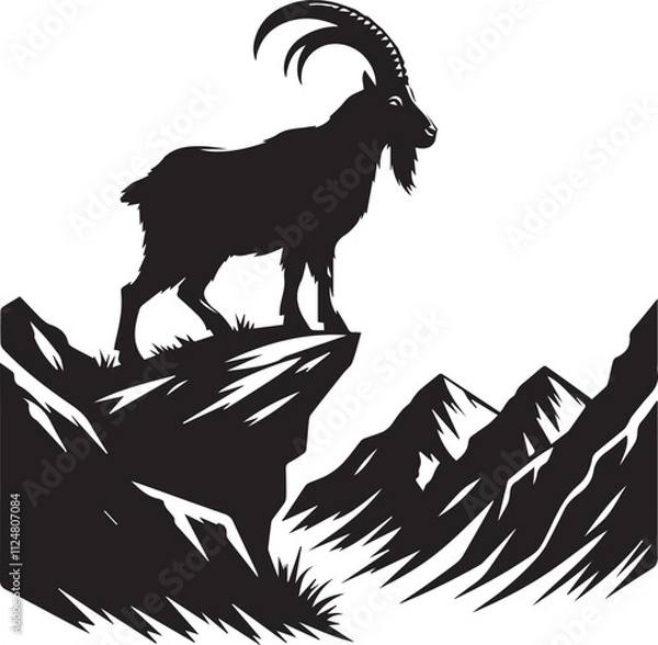 Fototapeta Mountain goat standing on a cliff edge silhouette vector black
