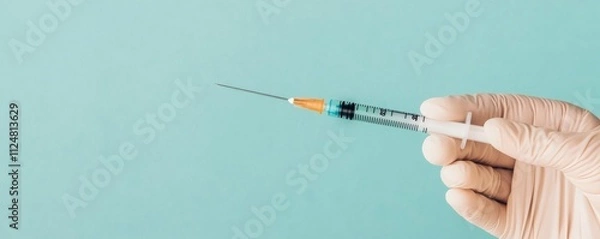 Fototapeta Syringe held by gloved hand against a teal background. Anti-aging and injection concept.