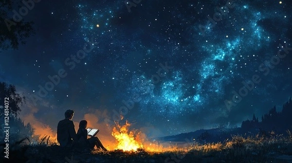 Obraz Two people reading by a campfire under a starry sky.