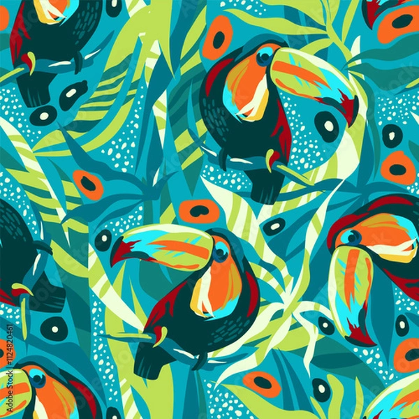 Fototapeta Seamless tropical pattern with toucan bird, leaves and flowers. Bright colorful jungle background. Toucans in the forest. Hand drawn cartoon style pattern. Vector illustration.