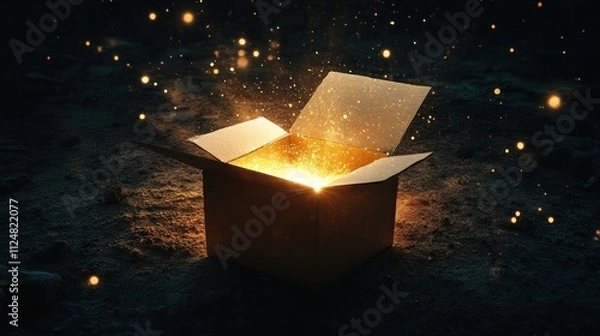 Fototapeta Open box with glowing light and sparkles at night