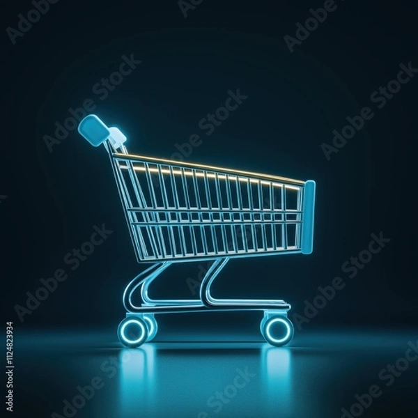 Fototapeta Glowing neon shopping cart on dark background futuristic retail concept with blue and yellow light effect, symbolizing modern e-commerce and digital shopping trends