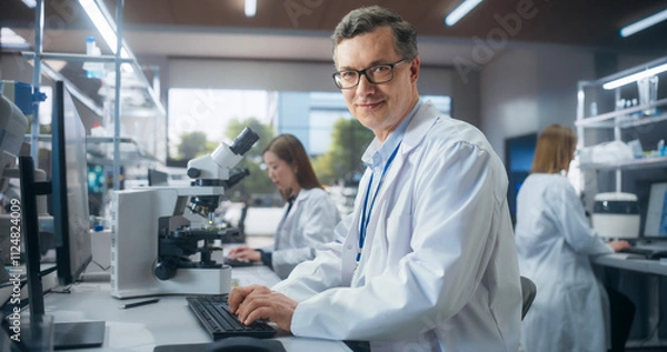 Obraz Medical Research Scientist Looking at Biological Samples on a Computer in an Applied Science Laboratory. Portrait of a Handsome Lab Engineer in White Coat Looking at Camera and Smiling