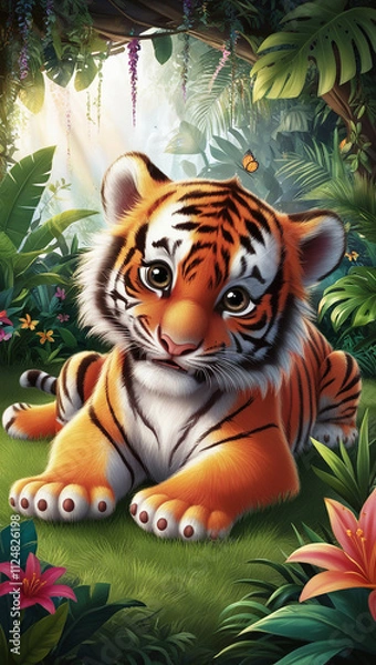 Obraz A cute cartoon baby tiger is sitting in a lush green jungle. The tiger has big, round eyes and a friendly expression. Perfect for children's books, illustrations, and greeting cards.