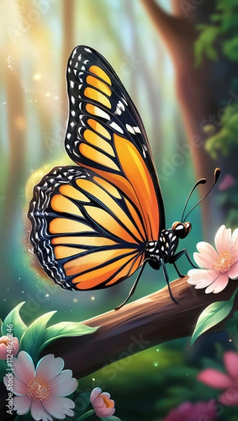 Obraz A beautiful orange and black monarch butterfly perched on a branch with pink flowers. The butterfly's wings are spread wide, showcasing its intricate patterns. 