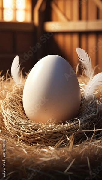 Obraz A fresh egg placed inside a woven basket in a rustic chicken coop. The image highlights simplicity, farm life, and the concept of fresh, natural produce.