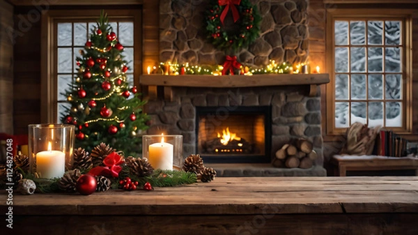 Fototapeta A cozy and festive Christmas scene, a wooden desk surrounded by holiday-themed elements, with fireplace full of xmas decoration and xmas tree as background