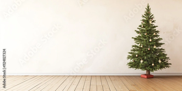 Fototapeta Minimal empty room with undecorated plain christmas tree, dull interior background