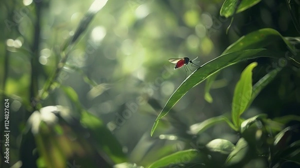 Obraz Close-up of mosquito resting on leaf in tropical forest, emphasizing its role in transmitting viruses, shallow depth of field.