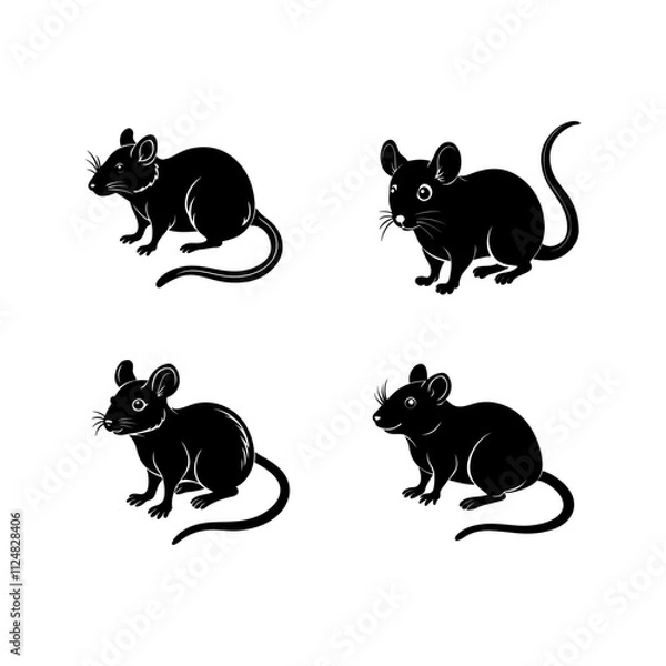 Fototapeta Set of mouse silhouette, black and white silhouette, vector and illustration
