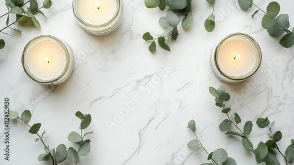 Obraz Overhead view of candles in glass holders with eucalyptus on a white marble background with space for text