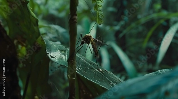 Obraz Close-up of mosquito resting on leaf in tropical forest, emphasizing its role in transmitting viruses, shallow depth of field.
