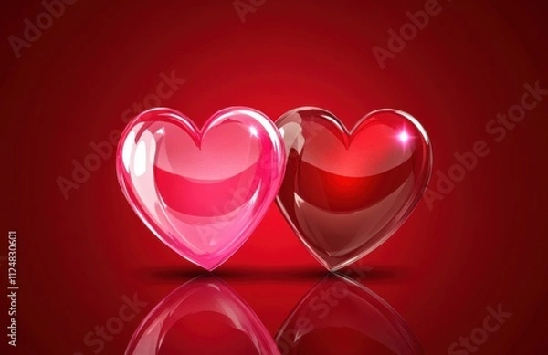 Fototapeta Two shiny pink hearts, one is transparent and the other more translucent, on a red background. This is a Valentine's Day concept
