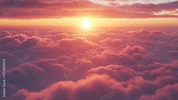 Obraz Aircraft viewpoint above clouds displaying breathtaking sunset Copy space image Place for adding text or design