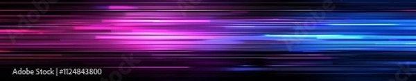 Fototapeta Abstract neon background with horizontal glowing lines and stripes, in a dark blue, purple, and pink color gradient.
