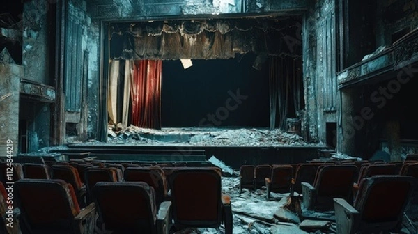 Fototapeta An abandoned cinema with an old worn out stage and broken seats. The theater is filled with debris from past years of use, creating an eerie atmosphere