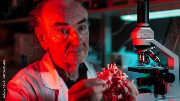 Obraz Scientist in lab coat holding molecular model of serotonin receptor, with microscope and scientific instruments, highlighting the significance of neuroscience research.