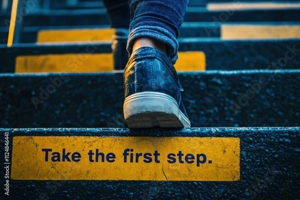 Fototapeta A note that says "Take the First Step" on a white background, captured .
