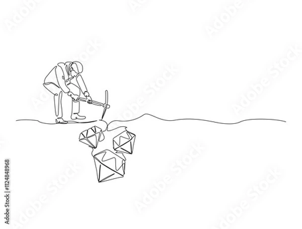 Fototapeta Continuous one line drawing of mining worker digging with pickaxe to get diamonds. Metaphor of work hard in single line art. Editable vector.