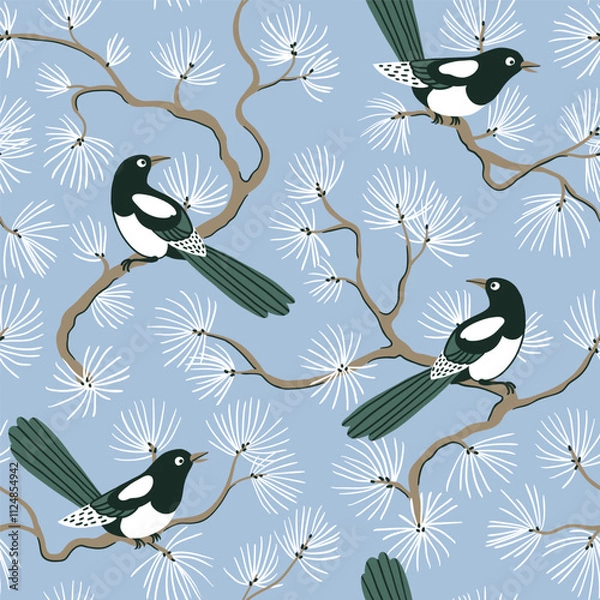 Fototapeta Vector magpie bird seamless pattern on light blue background. Elegance natural print design for fabric, wrapping paper or wallpaper. Animal illustration.