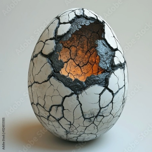 Fototapeta Rotten Egg with Cracked Shell on White Surface - Photorealistic Decay of Food Concept